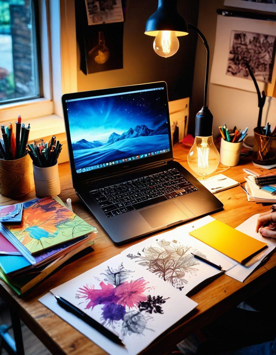 An artist's workspace filled with colorful sketches, notebooks overflowing with ideas, and a laptop showing engaging online content. A light bulb symbolizes creativity, while hands typing passionately illustrate the process of crafting. Bright, inviting colors evoke a sense of inspiration and engagement. super-realistic. vibrant colors. cozy atmosphere.