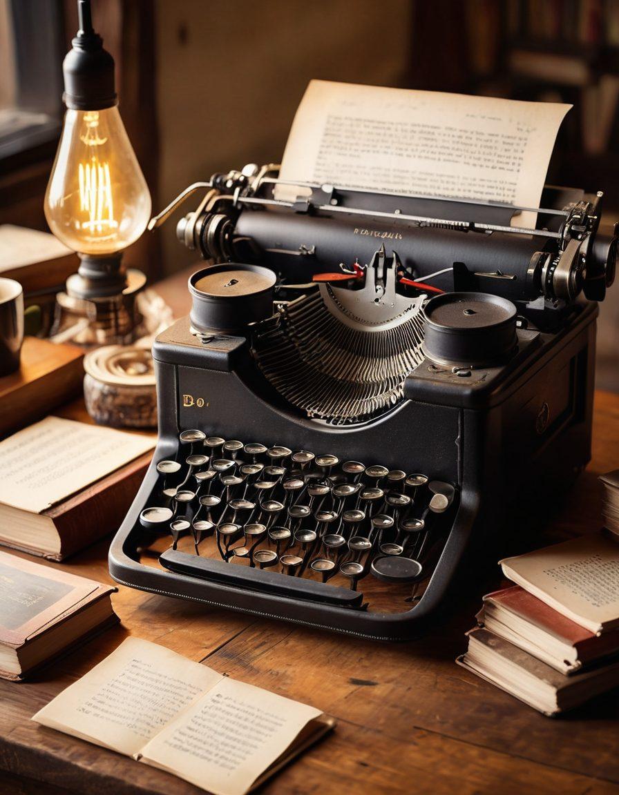 A vintage typewriter with glowing keys placed on a rustic wooden desk, surrounded by scattered notes and books. Above it, an ethereal light reveals a digital world filled with floating icons representing blog topics like travel, food, and technology. A warm cup of coffee sits elegantly beside the typewriter, hinting at creativity in action. The background fades into a soft blur, emphasizing the typewriter and surroundings while radiating a warm and inviting atmosphere. nostalgic style. vibrant colors.