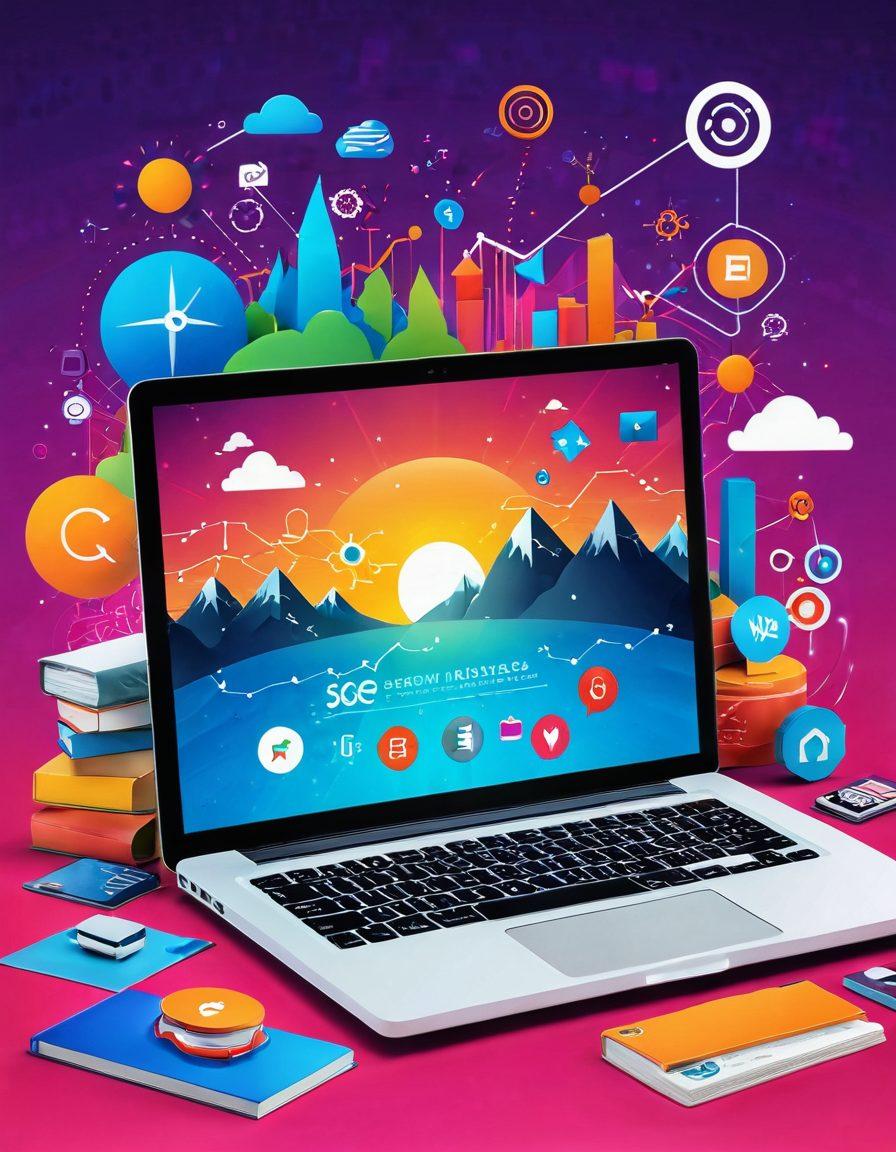 A captivating digital landscape that represents the journey from a simple blog to a powerful brand. Incorporate symbols of SEO like magnifying glasses, graphs, and social media icons emerging from a storytelling book. Use vibrant colors to denote excitement, with a person at a laptop connecting these elements. The background should be a blend of technology and creativity. super-realistic. vibrant colors. 3D.